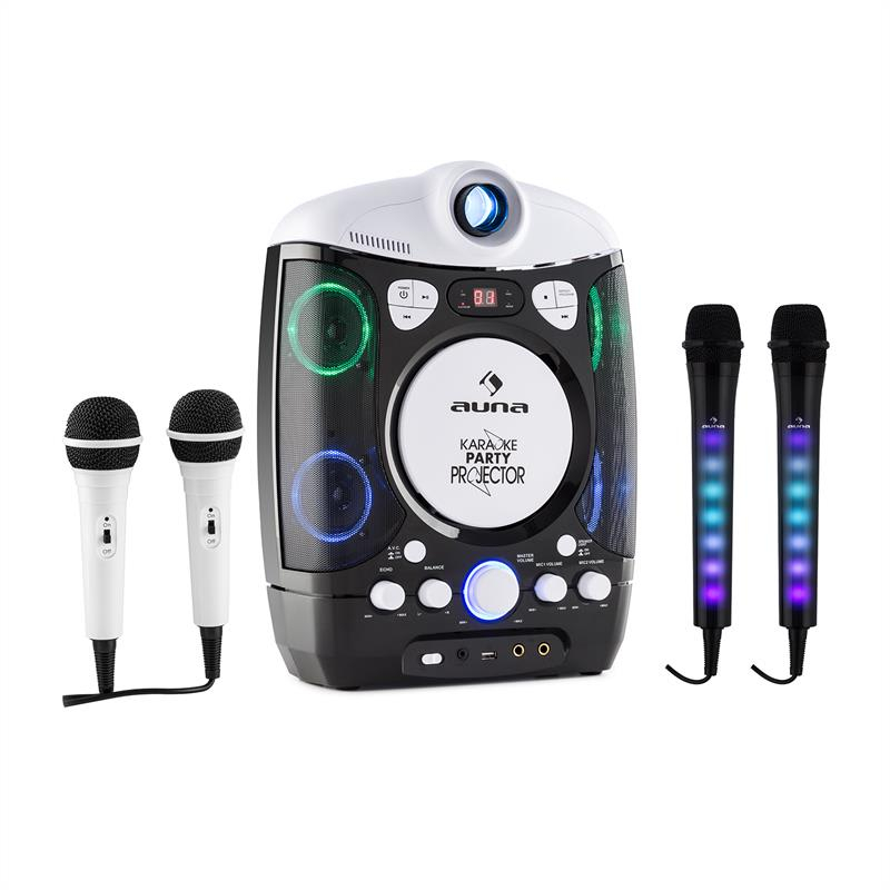 Auna SET: sistem de karaoke Kara Projectura, negru + două microfoane Kara Dazzl, iluminare cu led-uri
