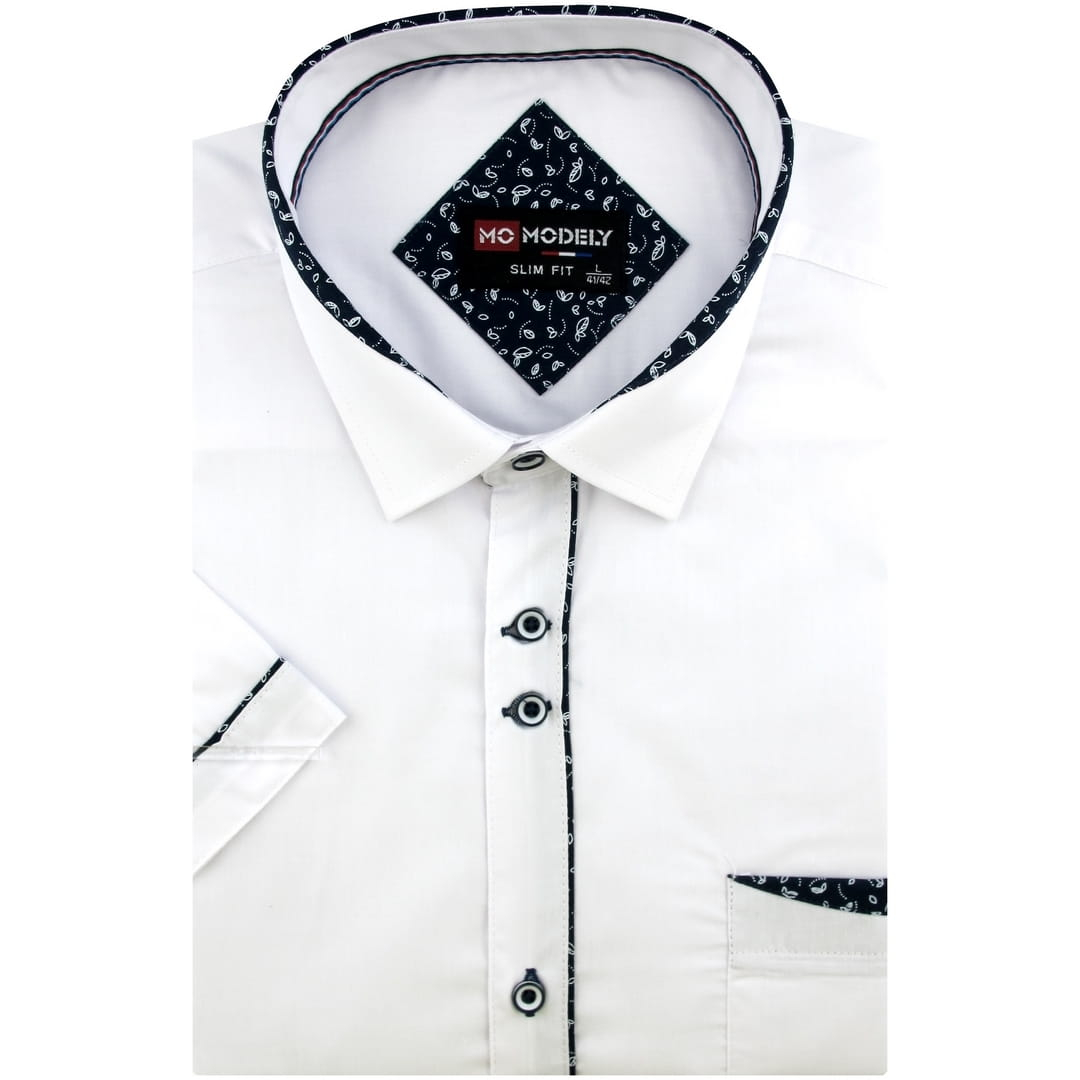 Duża Koszula Męska Elegancka Wizytowa do garnituru gładka biała z lamówką z krótkim rękawem Duże rozmiary N857