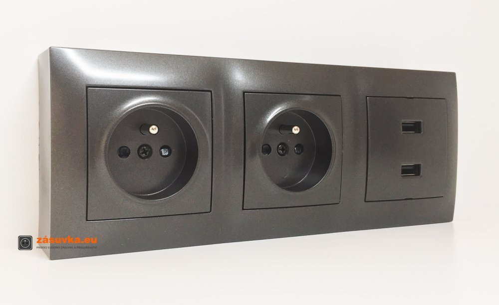 Wall-mounted power strip with 2x 250V / 16A sockets + 2x USB charger, without cable, anthracite matte metallic finish
