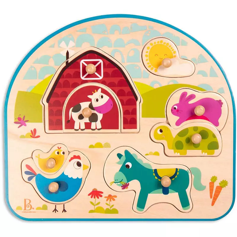 B-TOYS DŘEVO Baby puzzle farma vkládací na desce 8 dílků