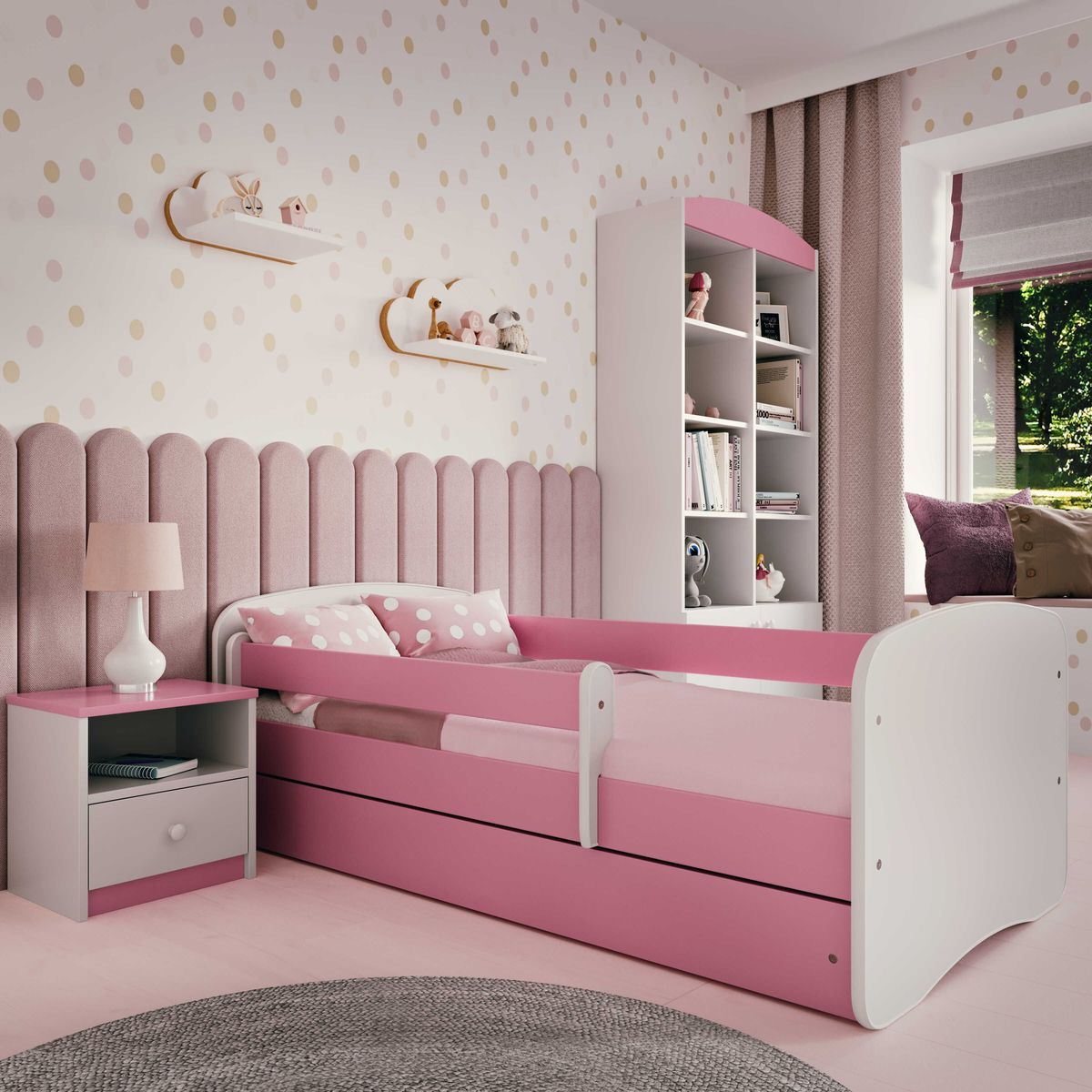 OURBABY detská posteľ so zábranou - ružová a biela - posteľ bez úložného priestoru 160x70 cm