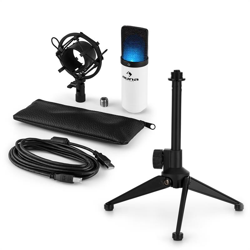 Auna MIC-900WH-LED V1, set de microfon usb, microfon condensator alb + suport de masă