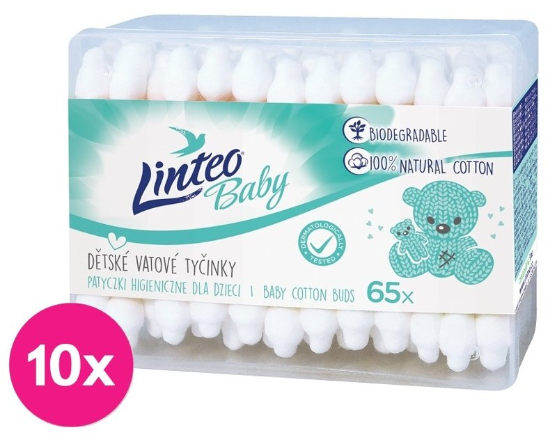 10x LINTEO BABY Papier-Wattestäbchen-Box (65 Stück)