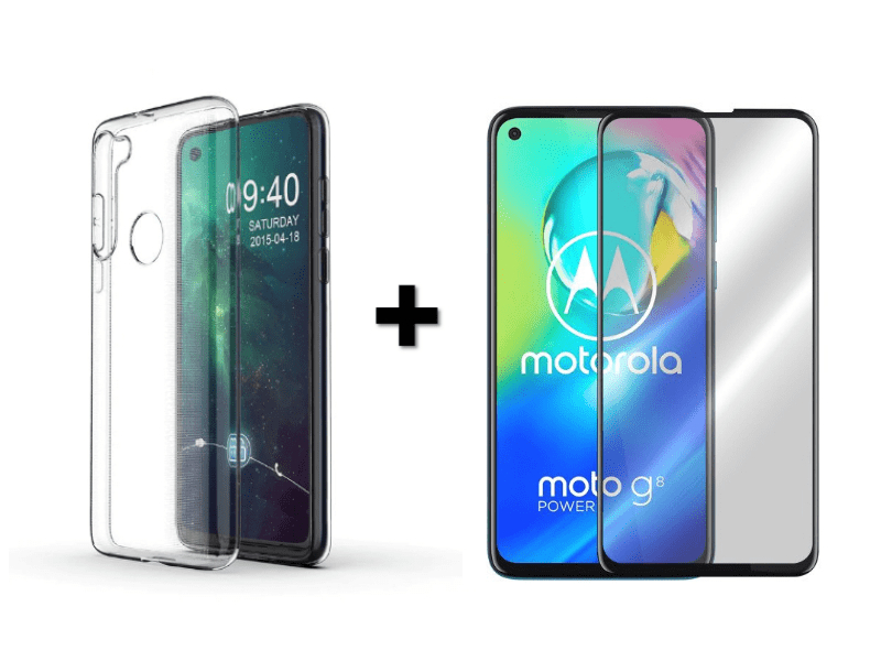 9D LASI + KOTELO 2in1 Motorola G8 Powerille läpinäkyvä