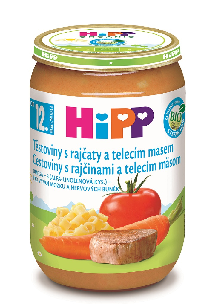 HiPP BIO Cestoviny s rajčinami a teľacím mäsom od 12. mesiaca, 220 g