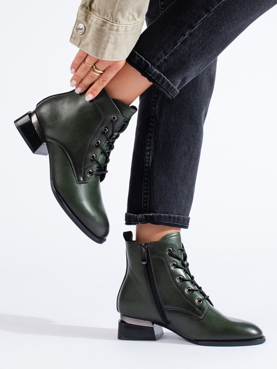 SHELOVET Tied flat heeled ankle boots dark green Vinceza