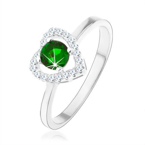 925 Silver Ring, Shiny Heart Contour, Green Round Zircon - Size: 60