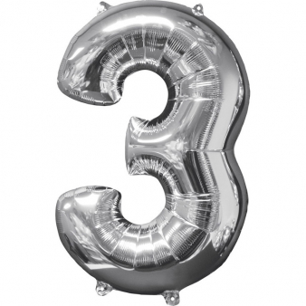 Foil balloon birthday number 3 silver 66cm