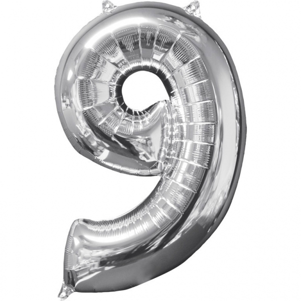 Foil Balloon Birthday Number 9 Silver 66cm