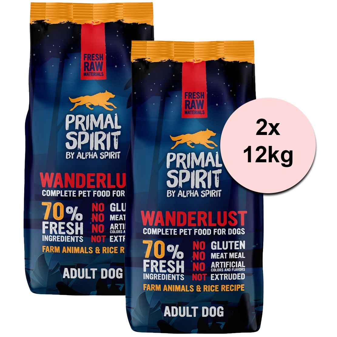 Primal Spirit Dog 70% Wanderlust - pui și somon 2 x 12kg