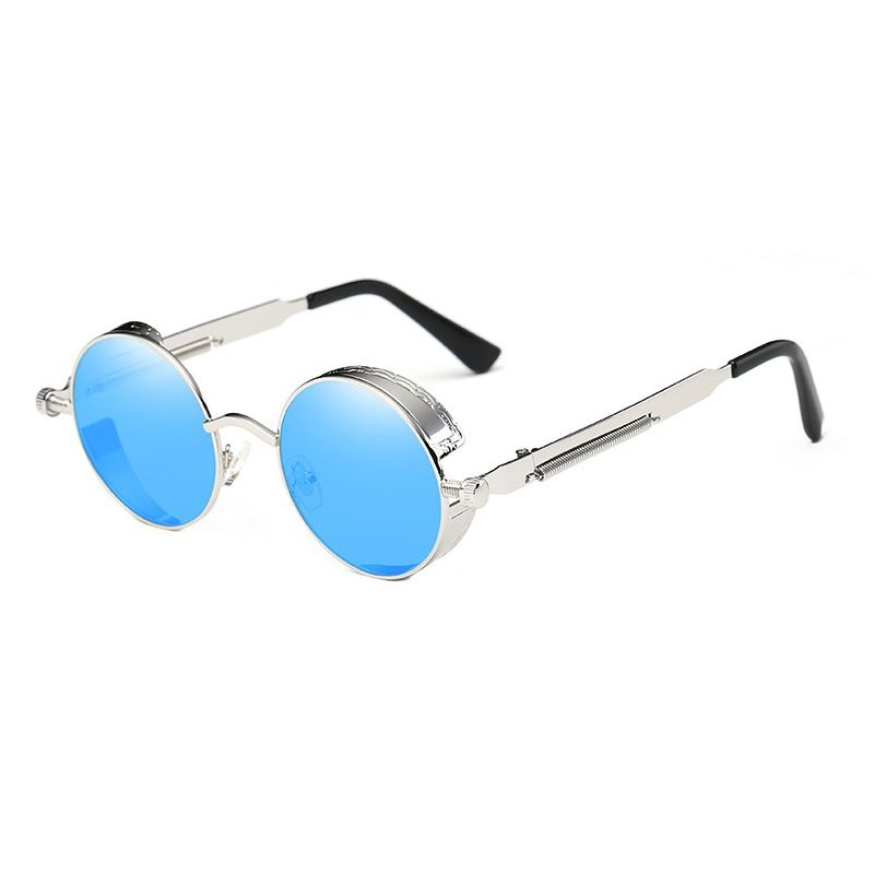 Retro kulaté sluneční brýle Steampunk Stříbrné Modré
