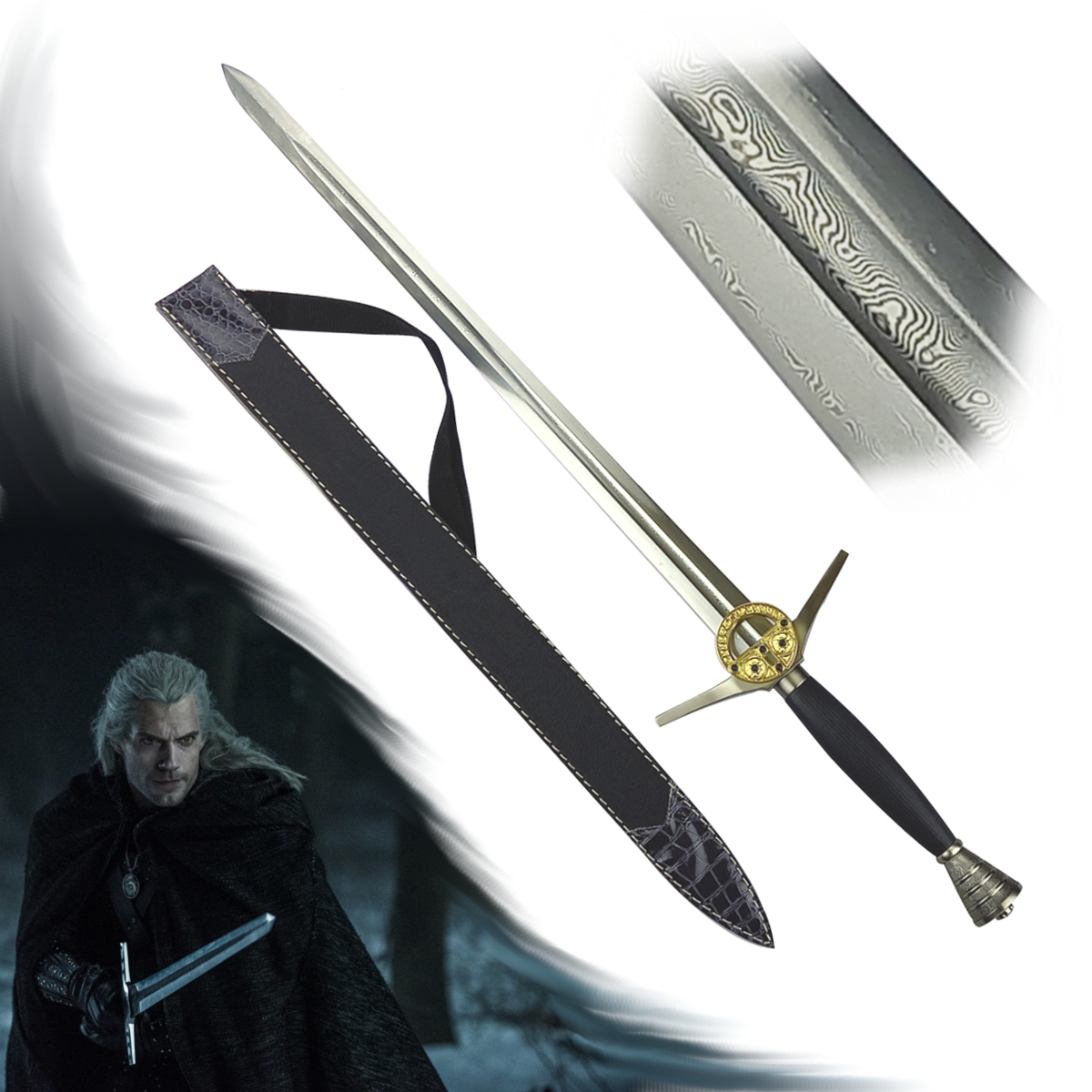 Funkčný zaklínačský meč z damaškovej ocele "BUTCHER FROM BLAVIKEN" + pošva s popruhom