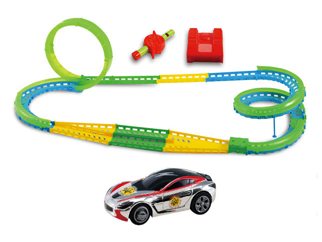 Race track with whistle and car - blue-green-yellow