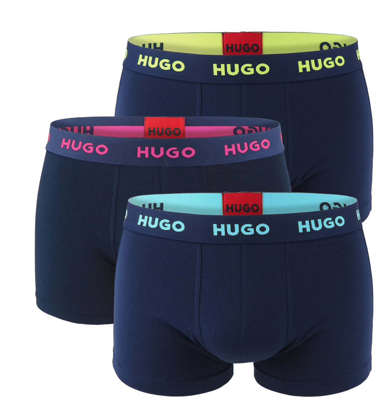 HUGO - boxer 3 csomag pamut stretch sötétkék sokszínű logó derék - limitált divatkiadás (HUGO BOSS)