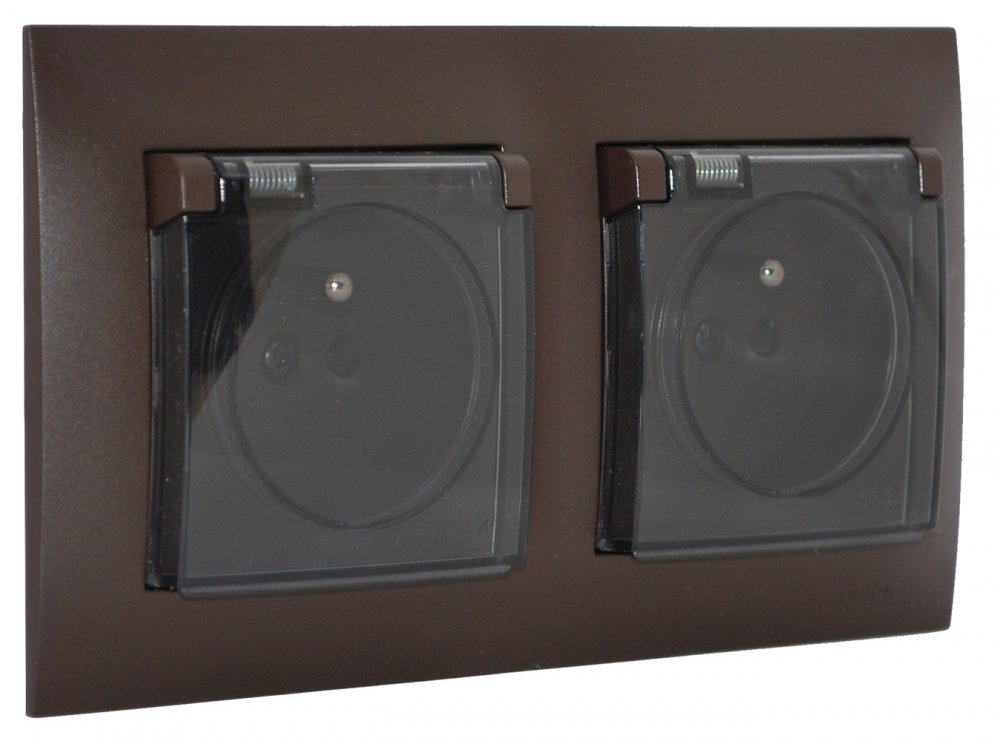 KS Socket for plaster 2x 250V / 16A with covers and sleeve, protection IP44, frame in brown color + transparent covers