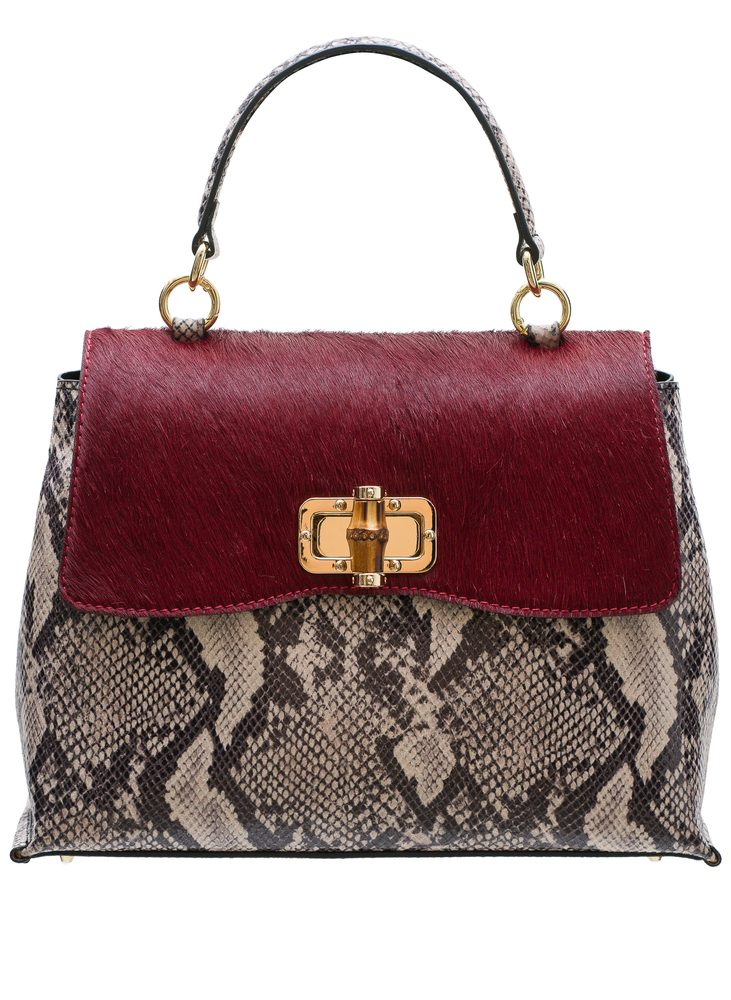 Leather handbag with snake motif and fur beige - burgundy Glamorous by GLAM