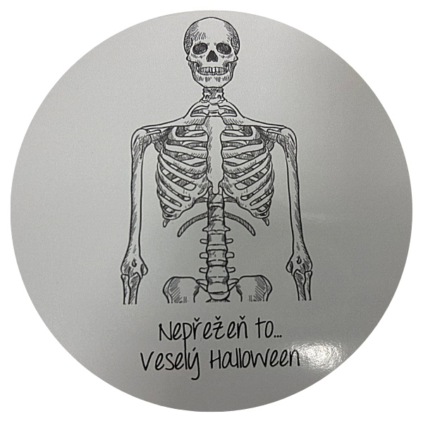 Samolepka "Nepřežeň to - Veselý Halloween" Kostra - sv. šedá 10 cm