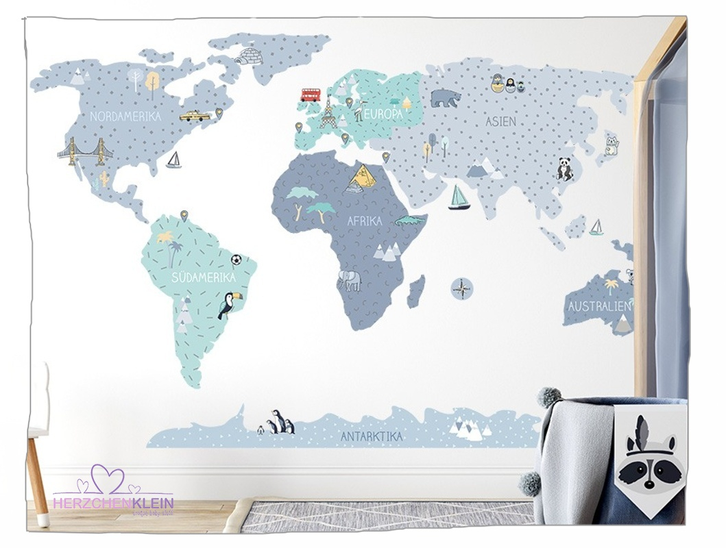Wandtatoo - Weltkarte in blau, rosa oder grau 