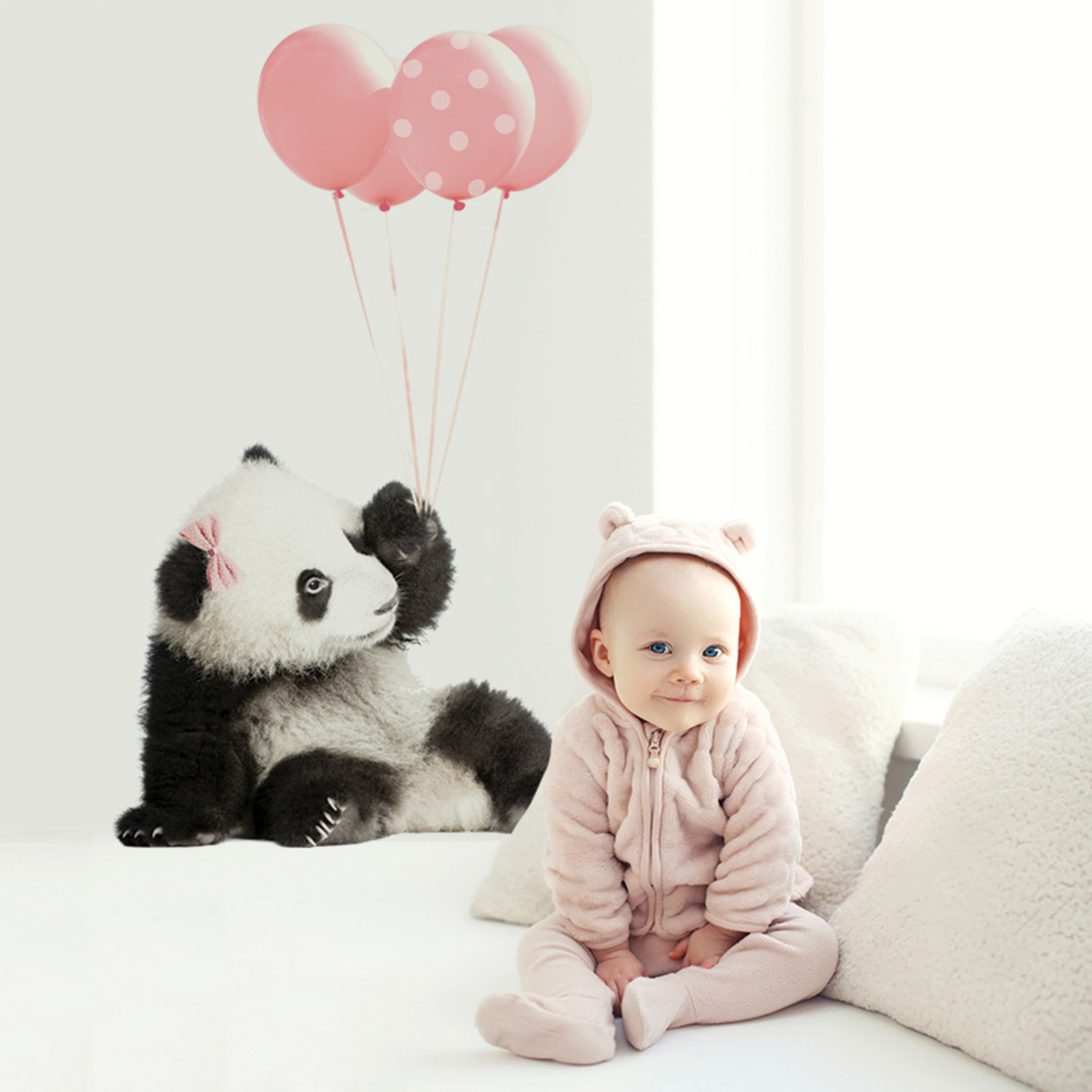 Wandaufkleber DEKORNIK - Panda mit rosa Luftballons - 70 x 113 cm