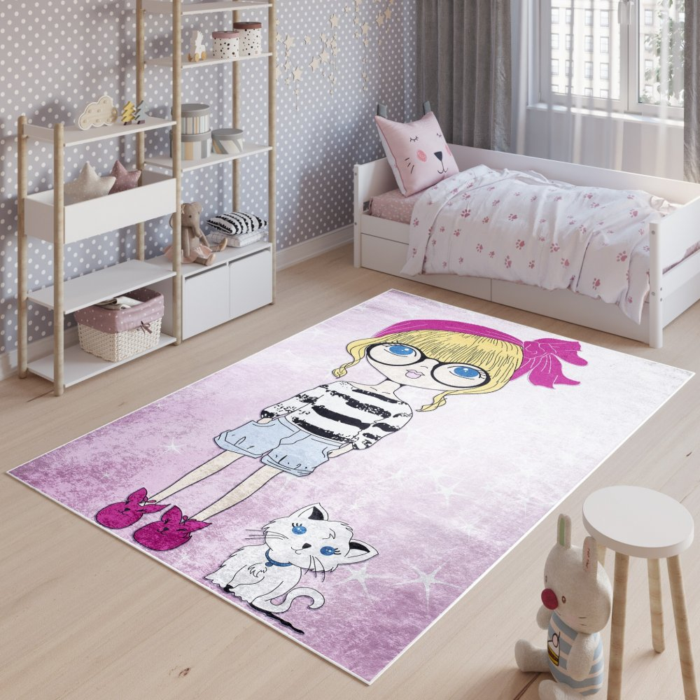 Detský koberec do dievčenskej izby s mladou slečnou a mačkou Šírka: 120 cm | Dĺžka: 170 cm