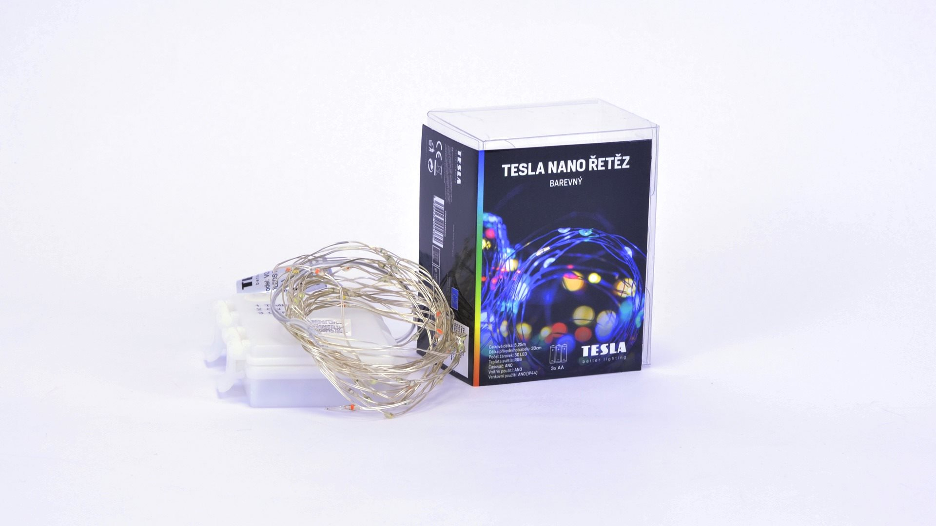 Fényfüzér Tesla - nano fényfüzér 50LED, RGB, 5 m + 30 cm-es kábel, 3x AA elem, időzítő, IP44