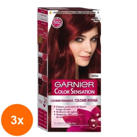 Set 3 x Vopsea de Par Permanenta cu Amoniac Garnier Color Sensation 4.6 Rosu Inchis Intens, 110 ml...