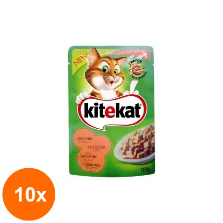 Set 10 x Hrana Umeda pentru Pisici cu Somon Kitekat, Plic 100 g...