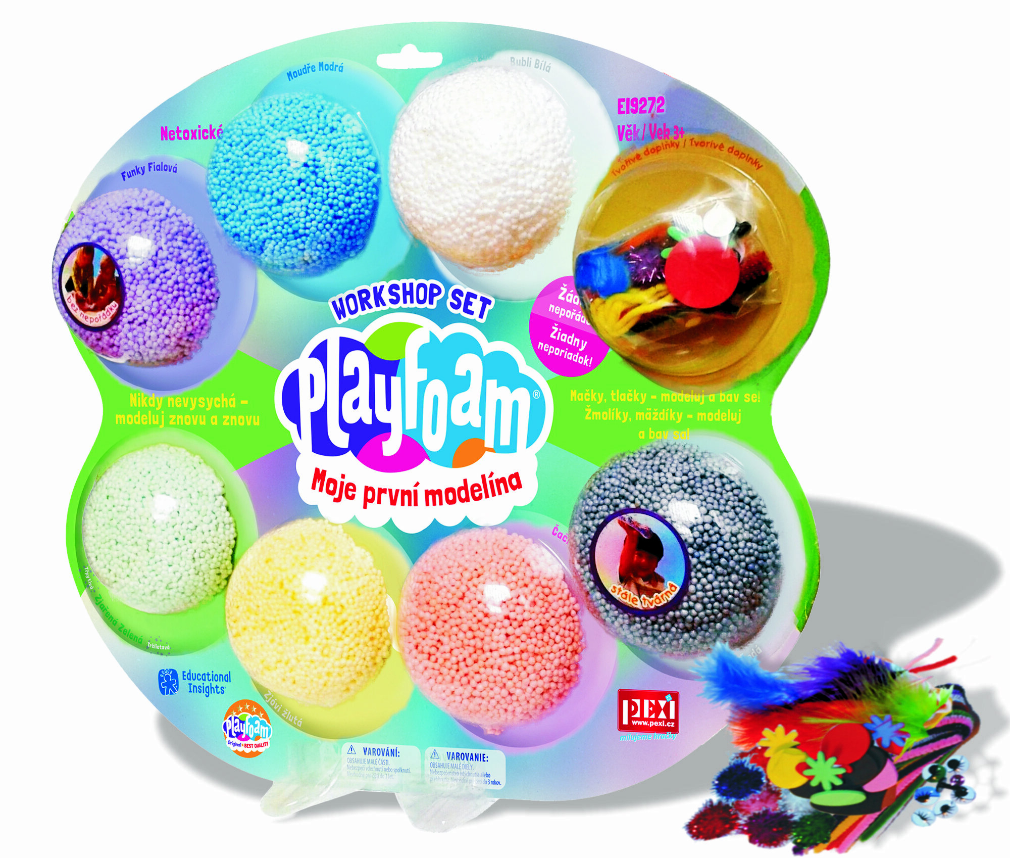 PlayFoam® Modelína/Plastelína guličková s doplnkami 7 farieb na karte 34x28x4cm