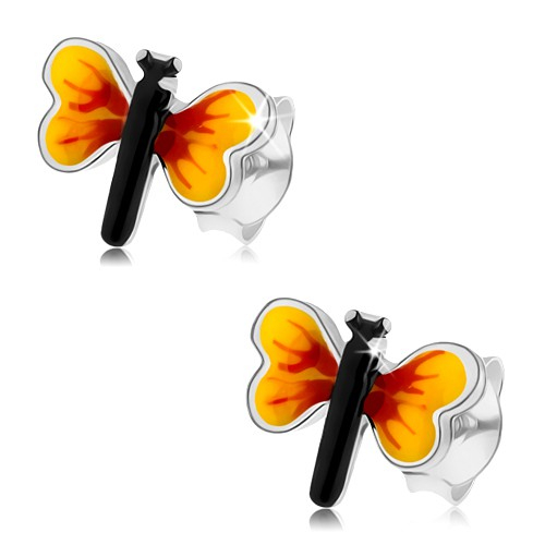 Stříbrné 925 náušnice, malý motýlek, žluto-červená křídla, puzetky