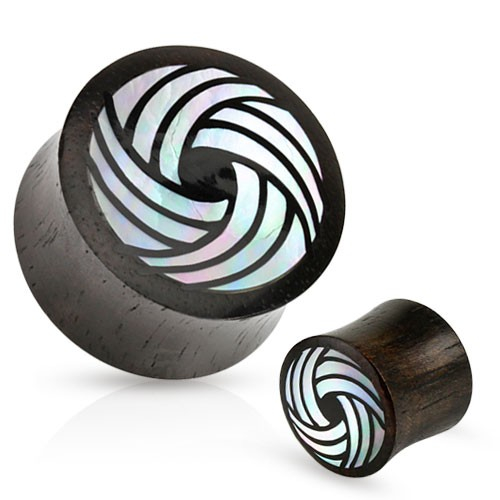 Černý dřevěný plug, sedlový, zahnuté linie z perleti bílé barvy - Tloušťka : 16 mm