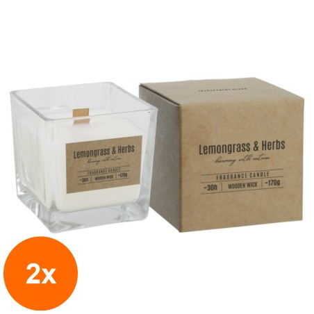 Set 2 x Lumanare Parfumata in Pahar Transparent cu Fitil de Lemn, Bispol, LemonGrass-Herbs...