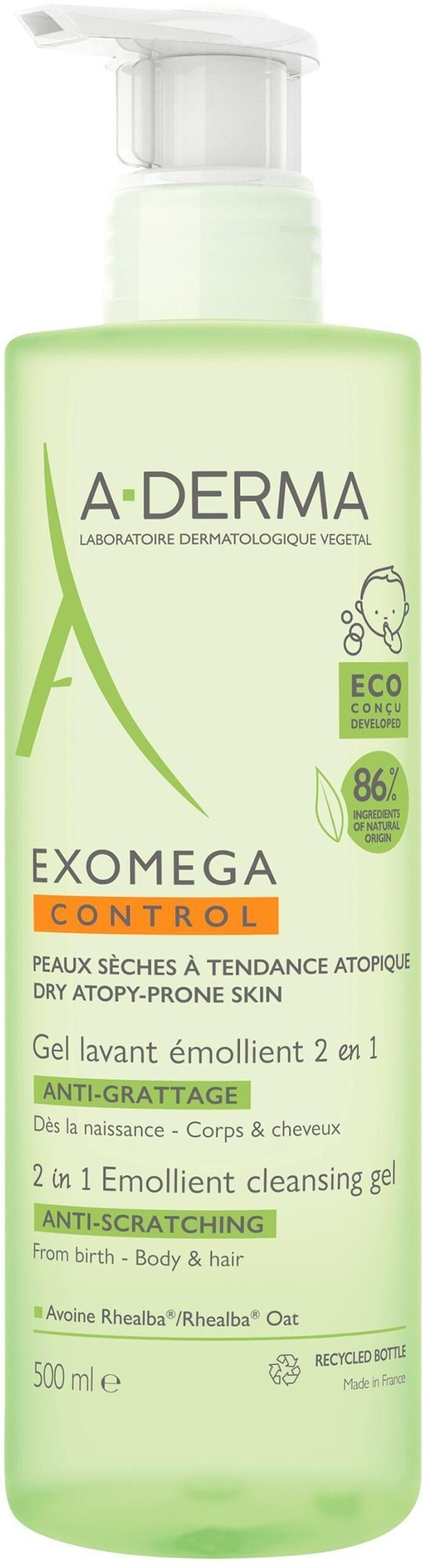 Tusfürdő A-DERMA Exomega Control bőrpuhító tisztító gél száraz, atópiára hajlamos bőrre 2 in 1 500 ml