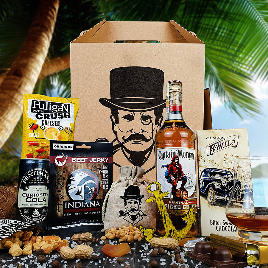 Dárkové balení rumu Captain Morgan spiced | Dárkový koš s rumem pro chlapa v odnosné krabičce