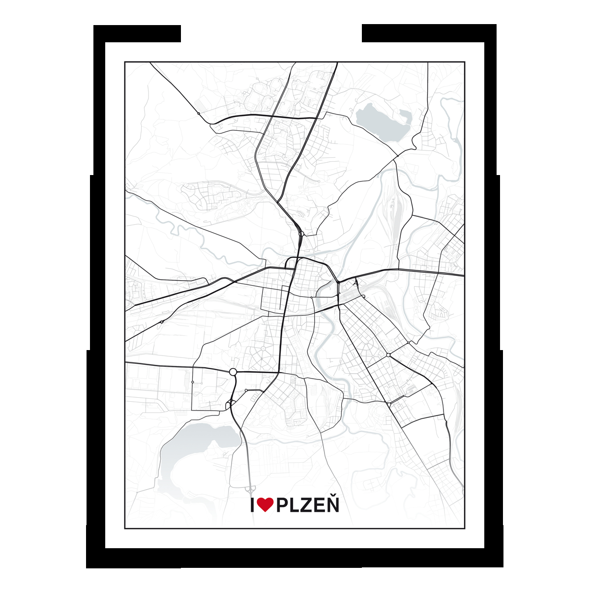 Plzeň – silnice - města – love / město – bílá / plátno natažené na rámu / 45×60 cm
