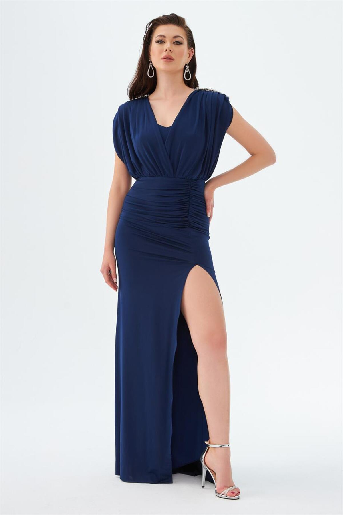 Carmen Navy Blue Sandy Slit Long Evening Dress with Low-cut Back