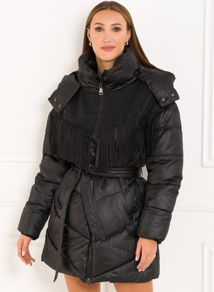 Dámská zimní bunda s páskem a třásněmi černá Due Linee