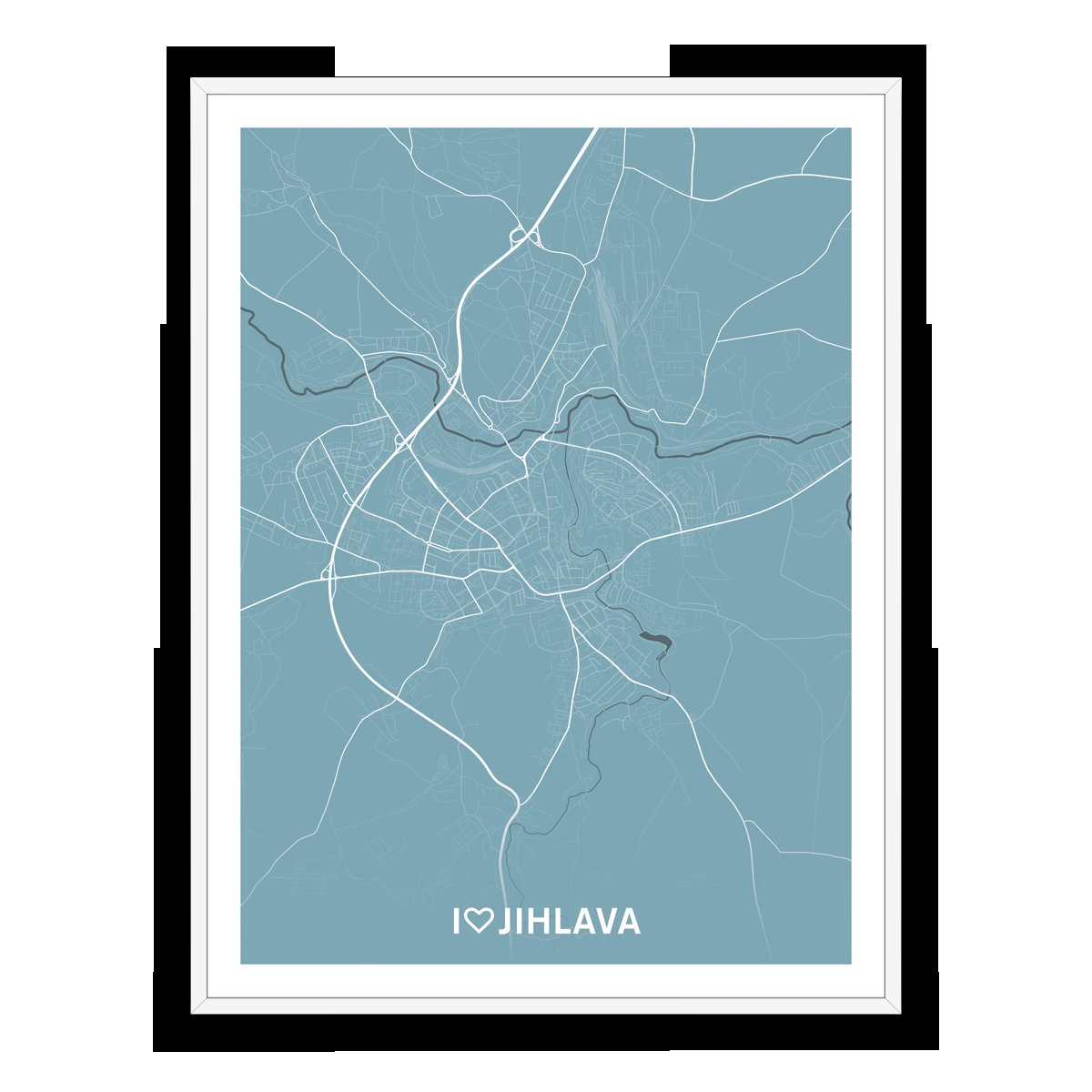Jihlava – silnice - města – love / město – modrá / pěnová kapa deska / bílý hliníkový rám / 60×80 cm