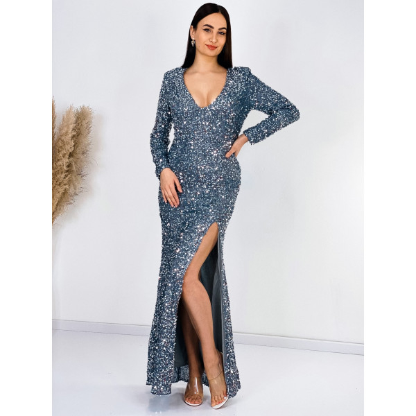 Women's long formal dresses with sequins and a slit - silver