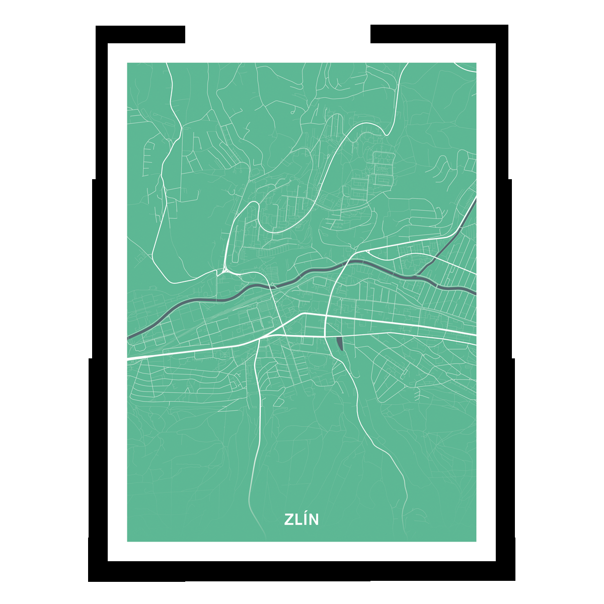 Zlín – silnice - města – mapa doztracena / město – zelená / pěnová kapa deska / bez rámu / 30×40 cm