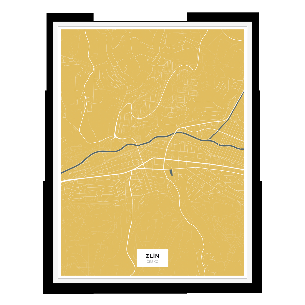Zlín – silnice - města – klasik / město – žlutá / pěnová kapa deska / bílý hliníkový rám / 30×40 cm