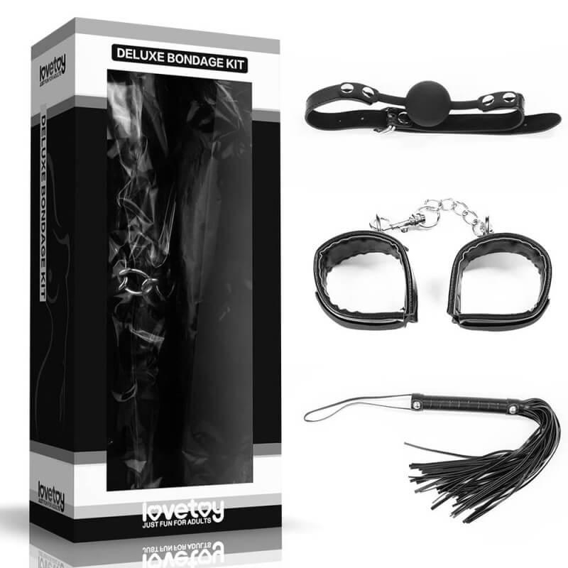 Lovetoy Deluxe Bondage Kit II - BDSM szett - bilincs + korbács + szájpeckelő (fekete)