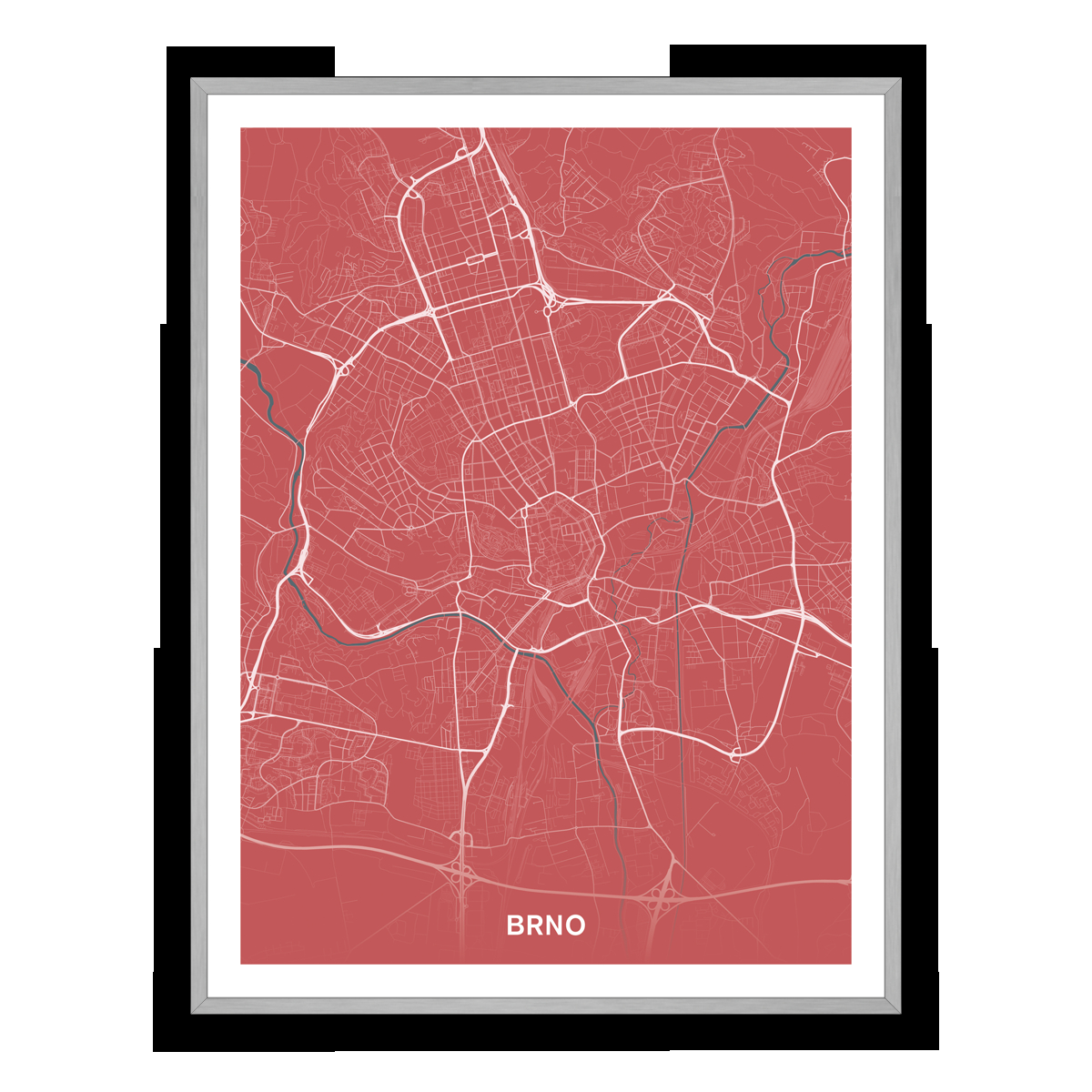 Brno – silnice - města – mapa doztracena / město – červená / pěnová kapa deska / stříbrný hliníkový rám / 30×40 cm