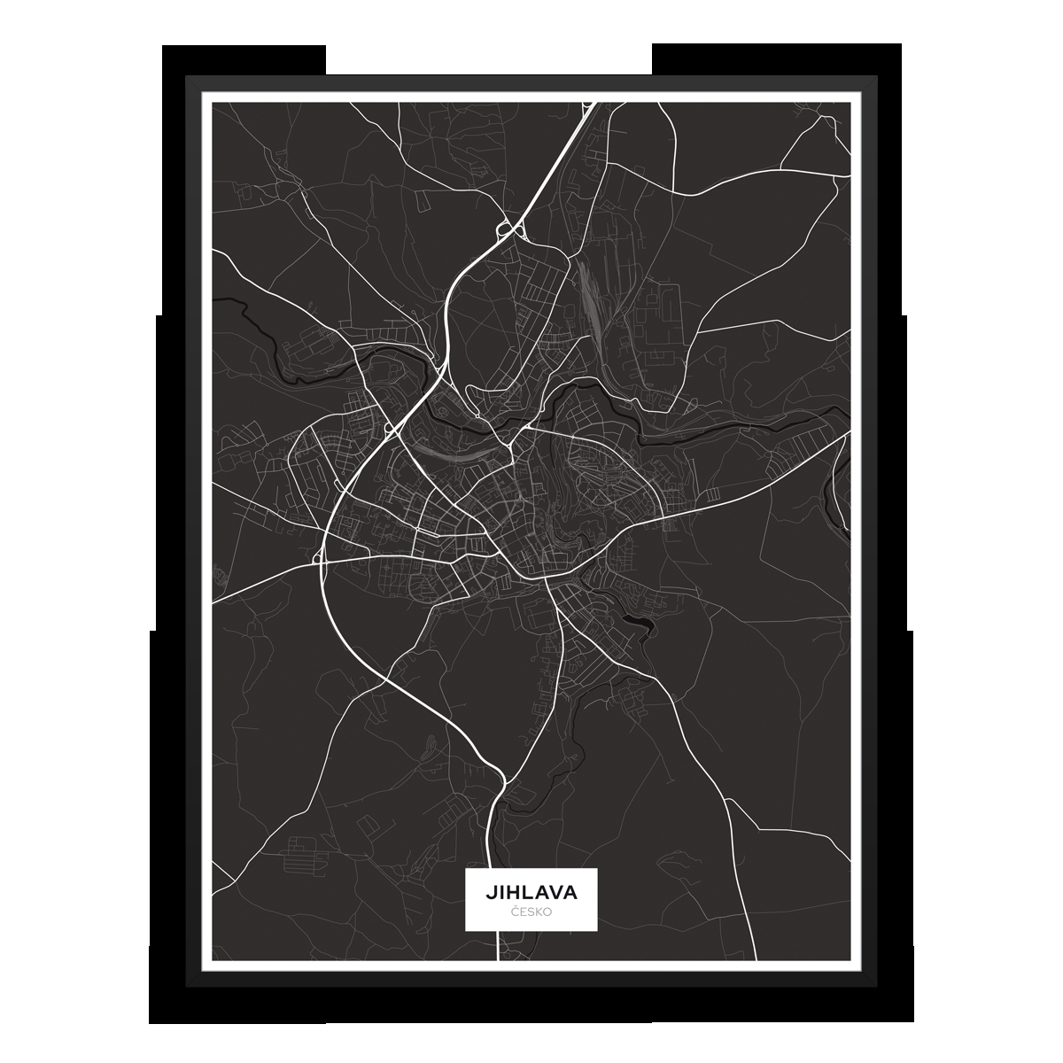 Jihlava – silnice - města – klasik / město – černá / pěnová kapa deska / černý hliníkový rám / 60×80 cm