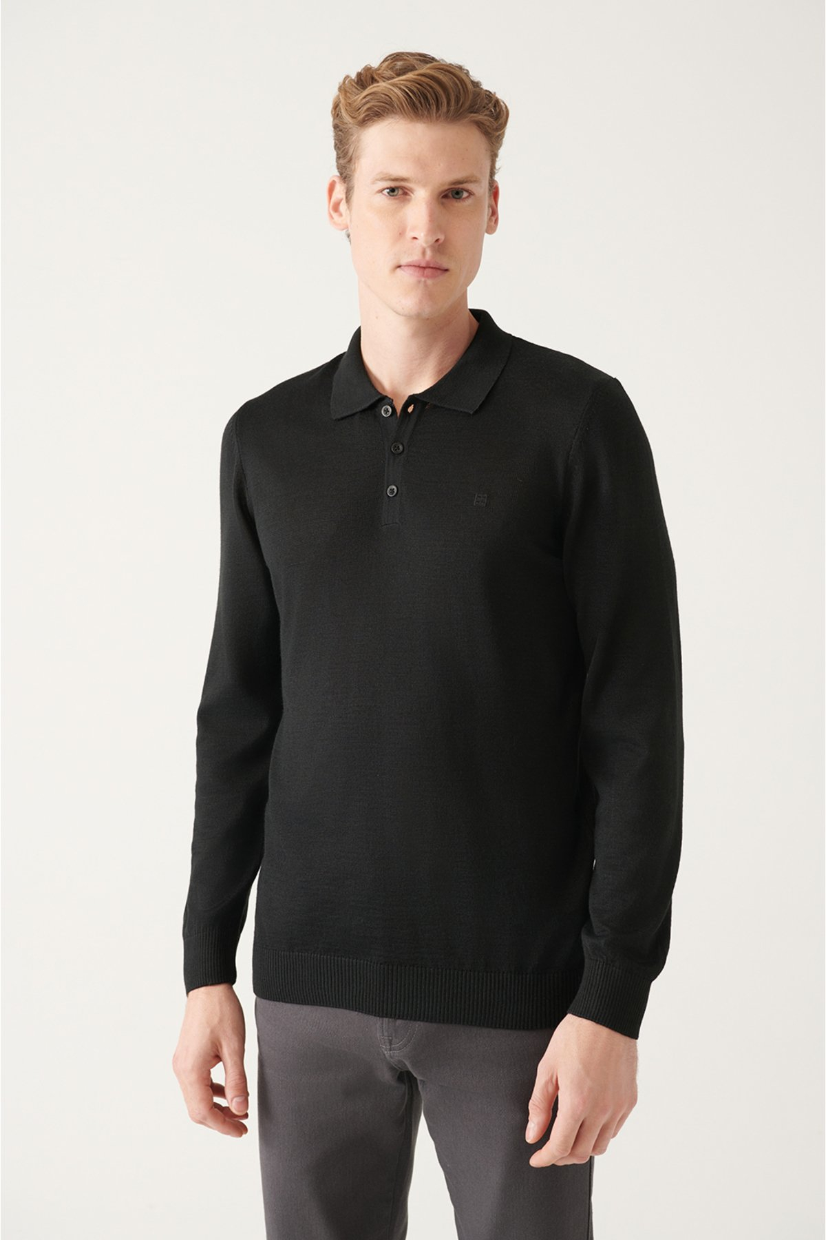 Avva Men's Black Polo Neck Wool Blended Standard Fit Normal Cut Knitwear Sweater