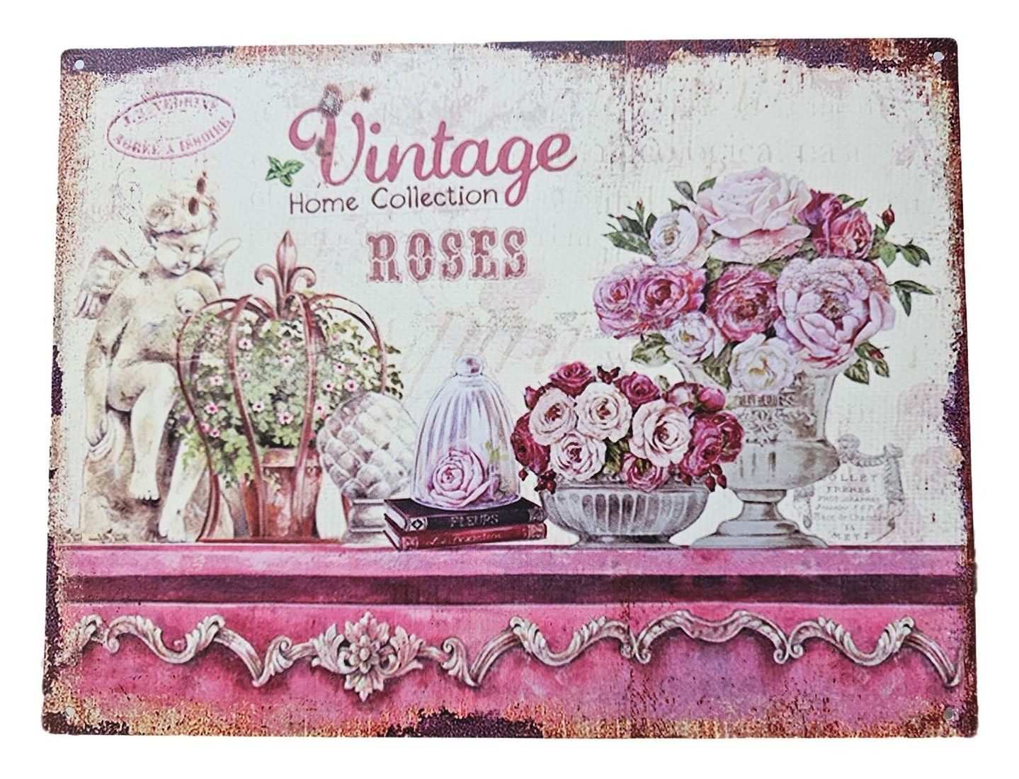 Růžová nástěnná kovová cedule s růžemi Vintage Roses - 33*25 cm 8PL-660825331111