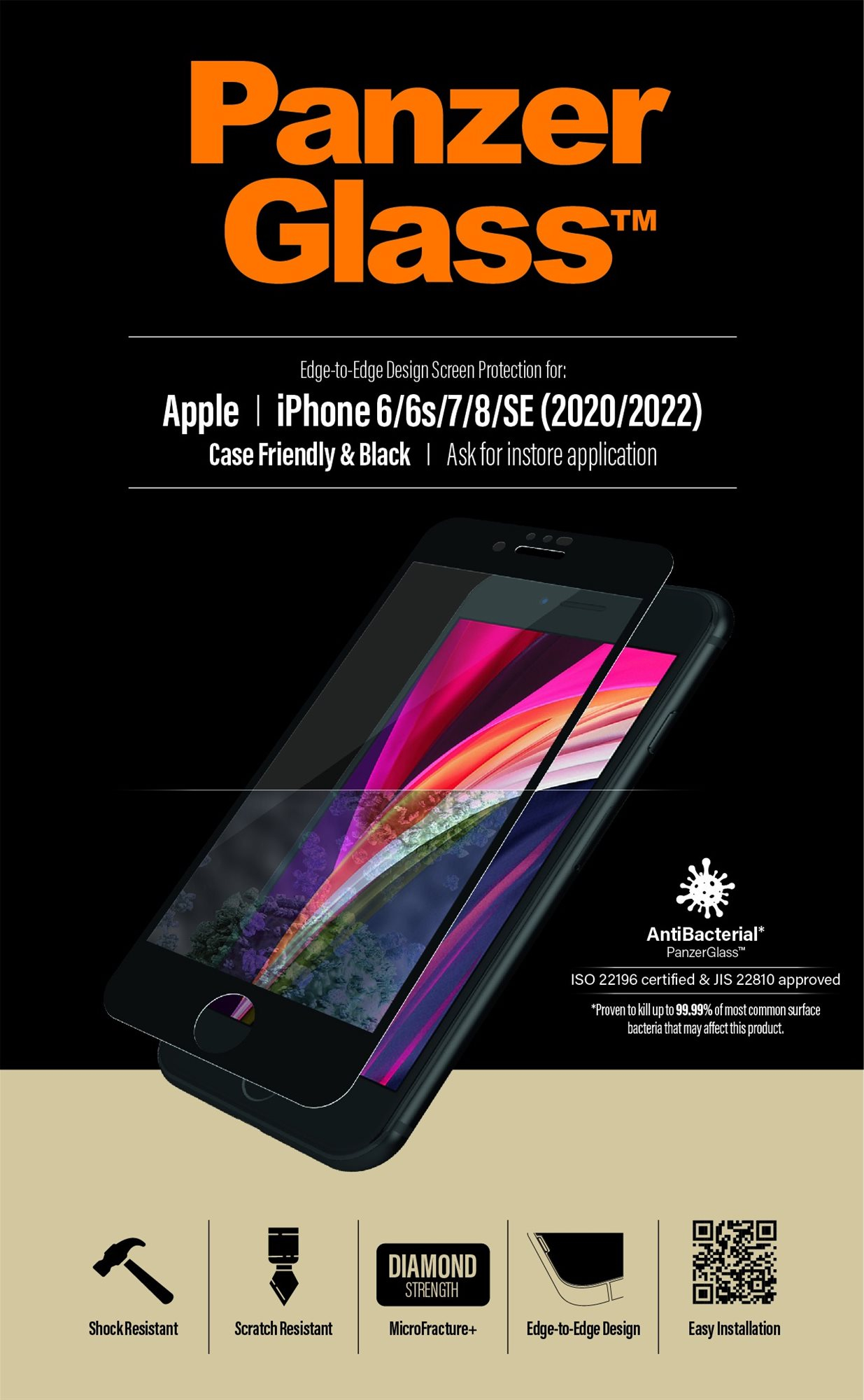 Üvegfólia PanzerGlass Edge-to-Edge Apple iPhone 6/6s/7/8/SE 2020/SE 2022 üvegfólia - fekete