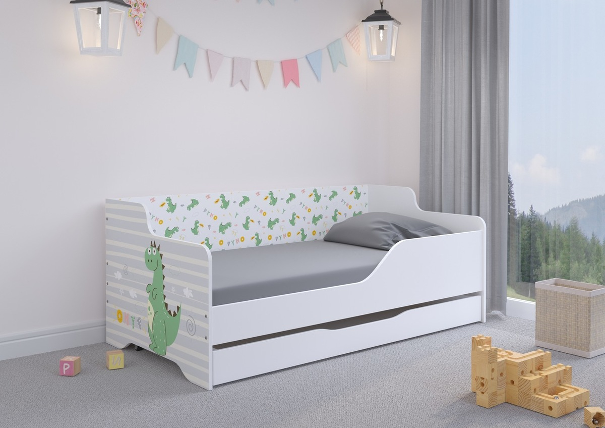 Kinderbett mit Rückwand LILU 160 x 80 cm - Dino - Bett + extra bett - barriere (A - link)