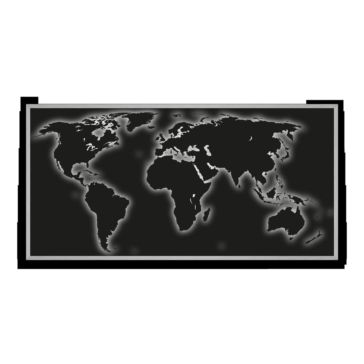 Obrysy kontinentů - obrysy se stínem / černý se stínem / pěnová kapa deska / stříbrný hliníkový rám / 100×50 cm