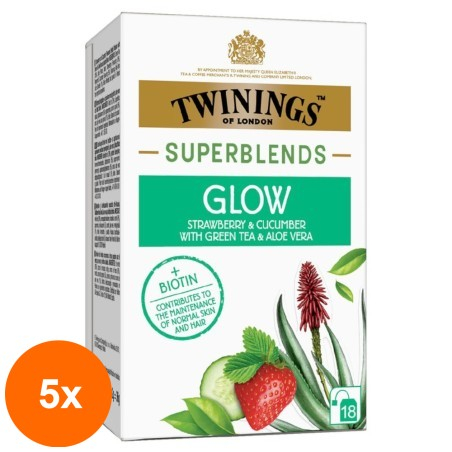 Set 5 x Ceai Twinings Superblends Glow cu Capsuni si Castravete, 18 x 2 g...