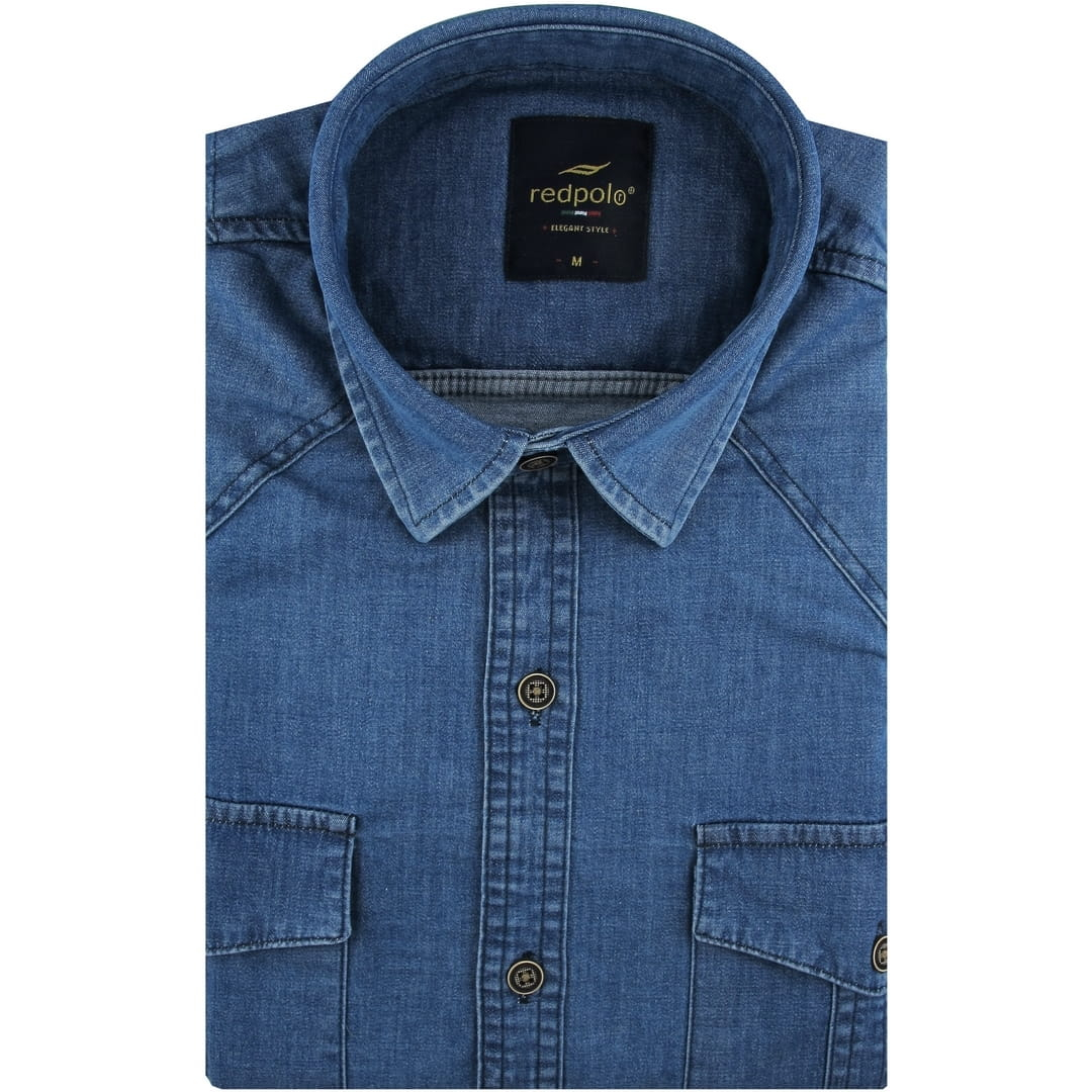 Koszula Męska Jeansowa Dżinsowa gładka niebieska z długim rękawem w kroju SLIM FIT Redpolo B789